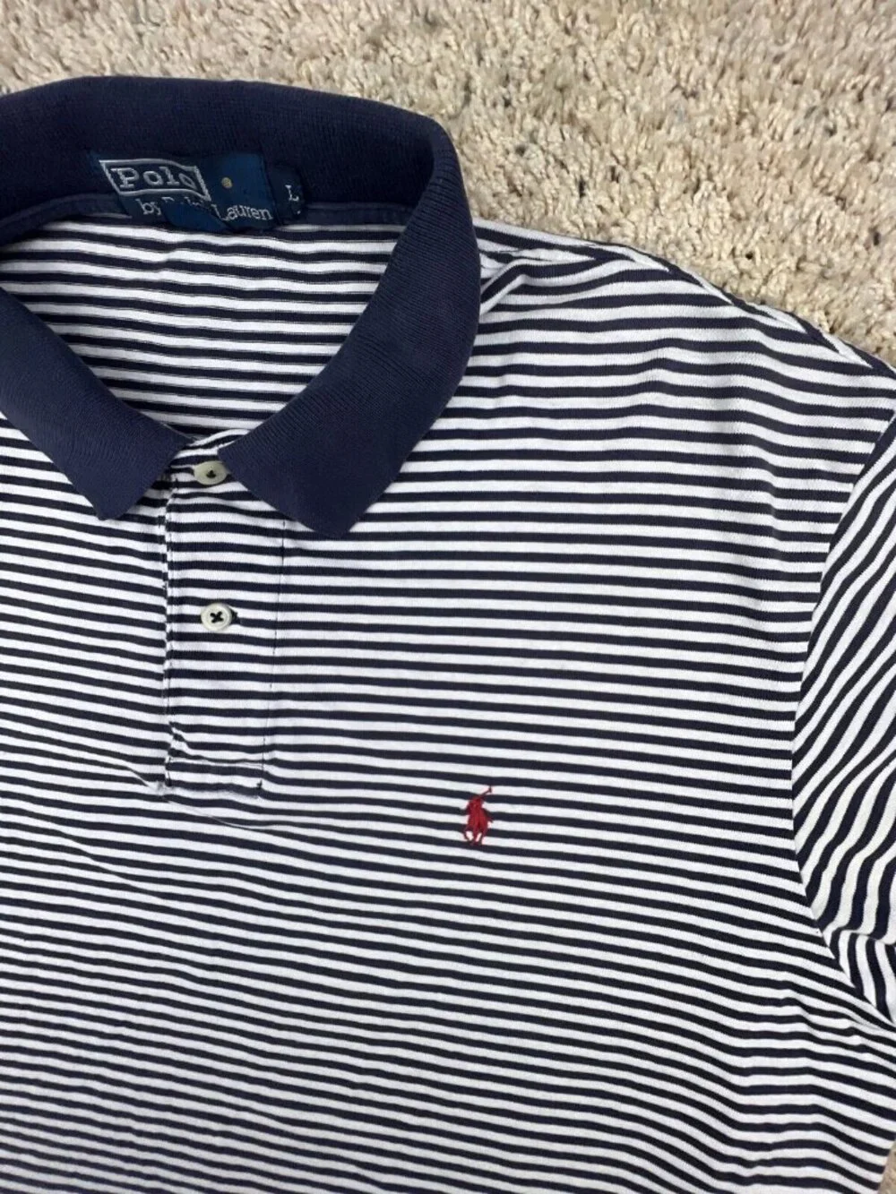 Polo Ralph Lauren SHORT SHORT Sleeve Polo Shirt Cotton Large Striped Blue White